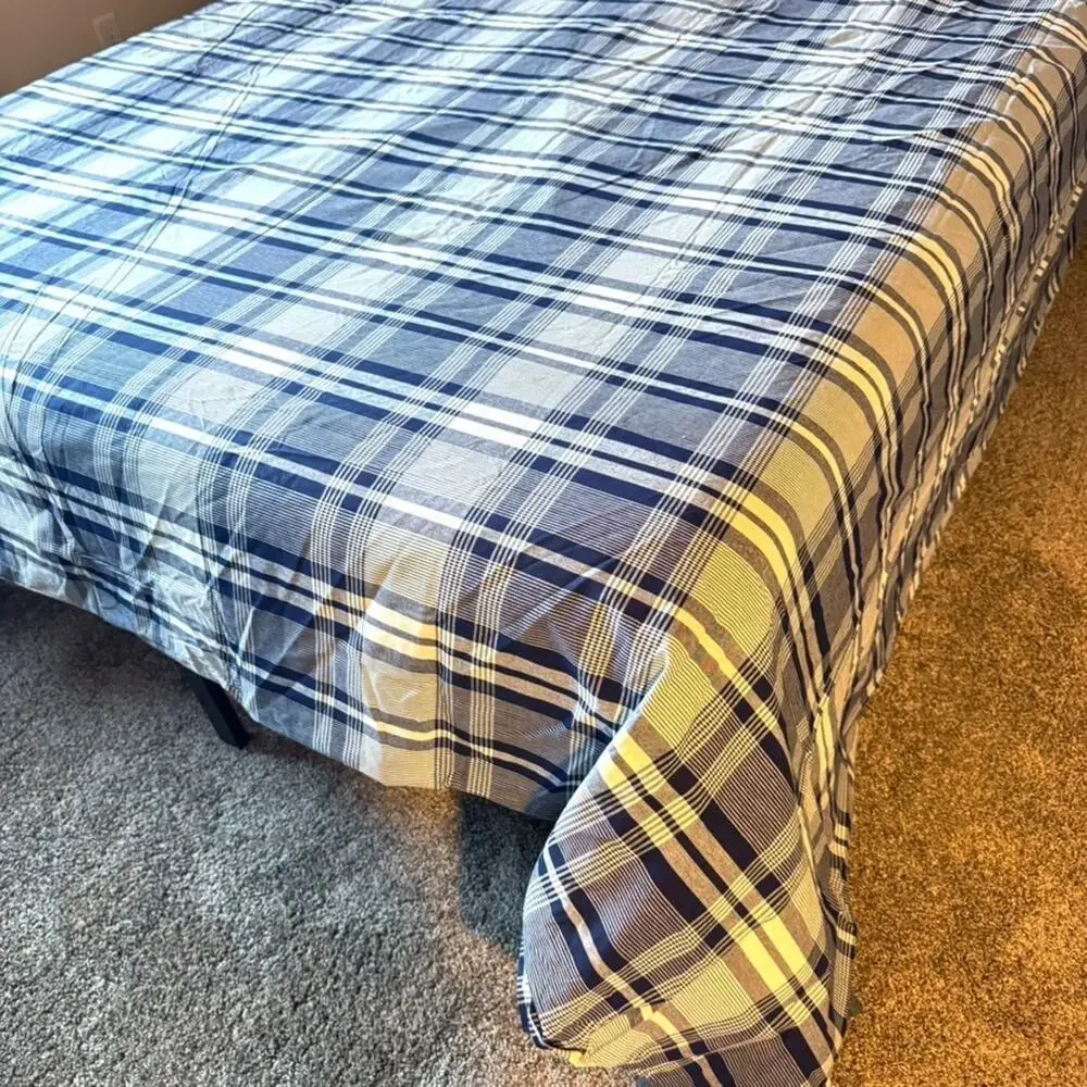 Yves Delorme King Duvet Cover Blue White Plaid 100% Cotton Luxury Made in France
